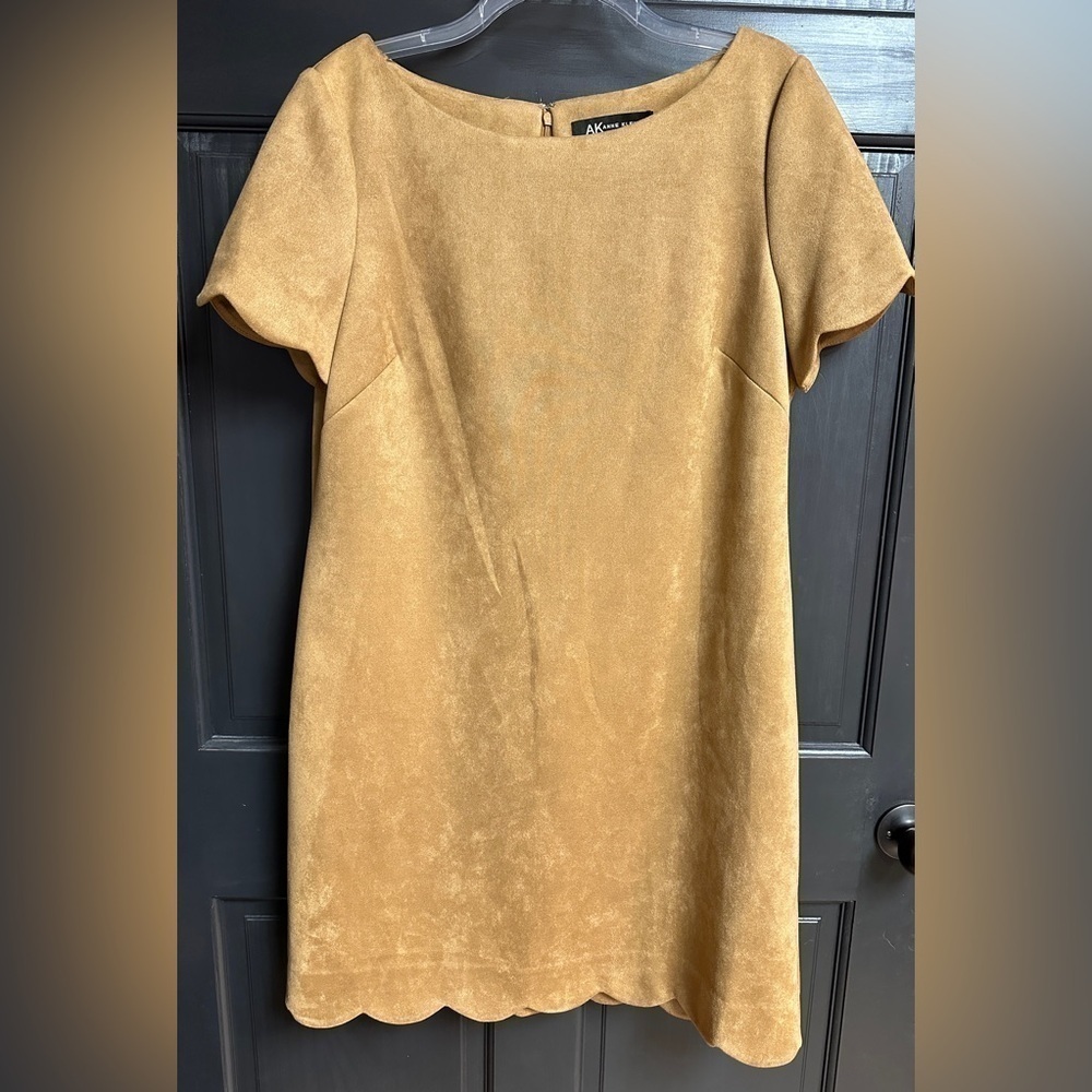 Anne Klein Short Sleeve Dress Med Brown Scalloped Hem & Sleeves Women’s Size L